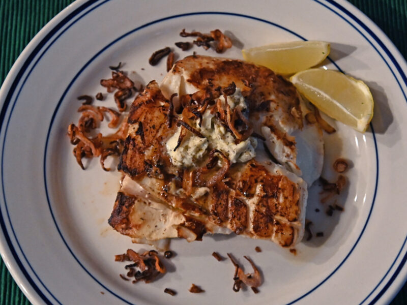 Pan Seared Halibut with Lemon Butter & Crispy Shallots